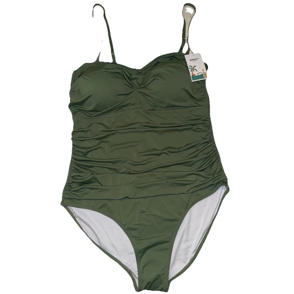 New Tag Swimsuit 2XL Ruched One Piece Olive Green Tummy Control Slimming B2PRITY